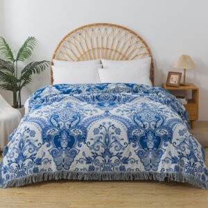 Blue Vine Cotton Tassel adult throw blanket, main texture view